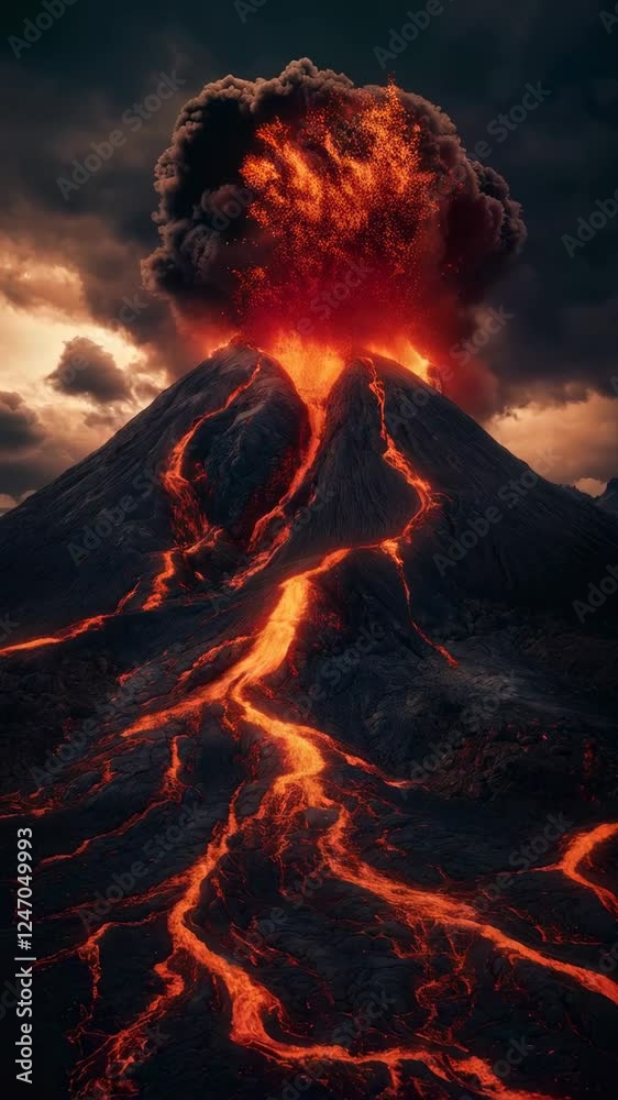 Poster molten lava flows down the slopes of an erupting volcano, creating a fiery spectacle against a drama