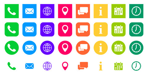 Set of contact icons. Phone, mail, location pin and website. Live chat or support, info, calendar and clock. Schedule and working hours. Set of multicolored round and square icons
