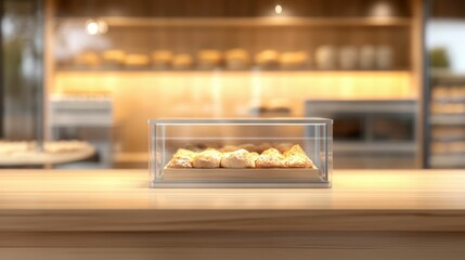 Freshly baked pastries in display case at modern bakery
