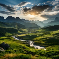 Mountain valley during sunrise. Natural summer landscape in Slovakia