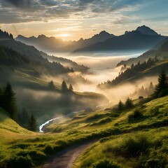 Mountain valley during sunrise. Natural summer landscape in Slovakia