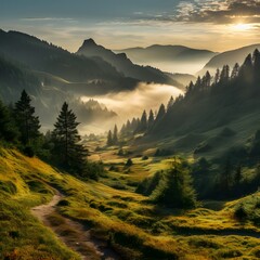 Mountain valley during sunrise. Natural summer landscape in Slovakia