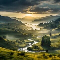 Mountain valley during sunrise. Natural summer landscape in Slovakia