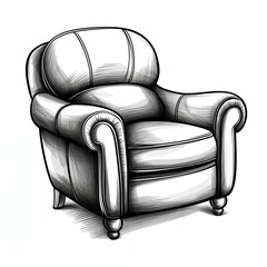 Wide armchair with thin legs, angle view, icon, simple black and white sketch on a white background, picture, image, for printing, without people, furniture, banner, ai