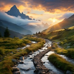 Mountain valley during sunrise. Natural summer landscape in Slovakia