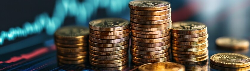 A stack of golden coins is displayed against a digital financial graph, symbolizing investment, wealth, and economic growth.