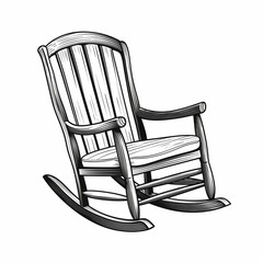 Rocking chair, old, angle view, badge, simple black and white sketch on a white background, picture, no people, relax, ai