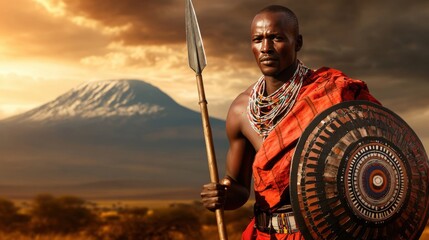 A proud Maasai warrior standing tall on the open savanna at sunrise, wearing a bright red shuka and holding a spear in one hand and a traditional shield in the other