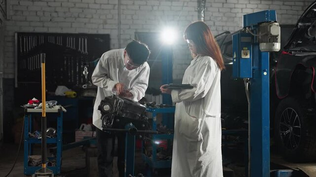 Engineers in automotive workshop, boy measuring engine component with vernier caliper while girl records data on tablet, bright light illuminates workspace, tools, parked car in background
