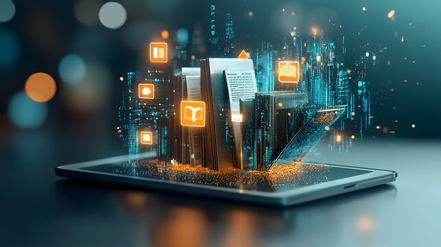 Futuristic digital tablet device showcasing holographic books and learning icons floating above the screen representing the advancement of technology in education and knowledge