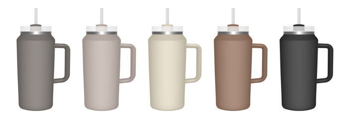 Thermo cup with handle and straw. 64 oz. 3d mockup of a travel thermos. Set of gray, beige, brown  and black mugs. Tumbler template. White lid	
