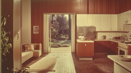Mid-century modern kitchen and living area with patio view.