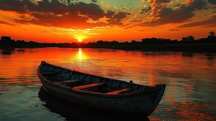 Fototapeta premium A serene sunset over a river with a solitary boat reflecting warm colors.