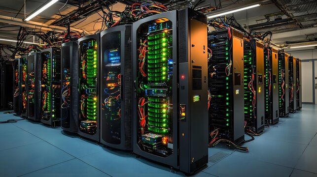 Futuristic neon lit supercomputer server room glowing with vibrant lights