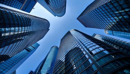 Reflective skyscrapers, business office buildings.