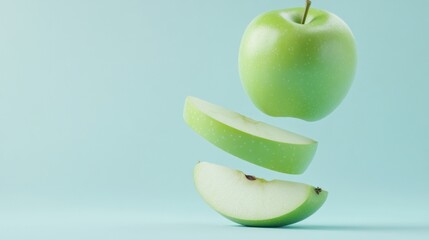 A whole green apple and two slices levitate against a light blue background.
