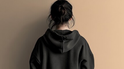 Rear view of a young woman with dark hair in a bun, wearing a black hoodie against a beige background.