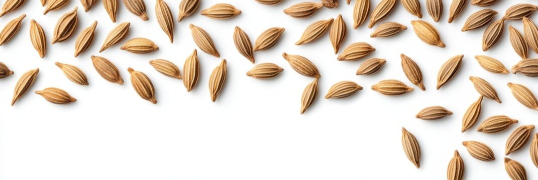 Macro cumin caraway seeds spread on white background - A collection of macro cumin and caraway seeds scattered on a clean white surface, symbolizing natural flavors, cooking ingredients