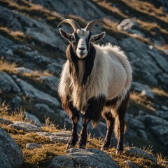 Fototapeta premium A majestic goat stands on rocky terrain with mountains in the background, showcasing nature's beauty. Grey nilgai antelopes standing in the jungle Natural scene background royalty free stock 