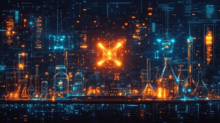 Naklejka premium A digital cityscape featuring glowing elements and a central symbol, emphasizing technology.