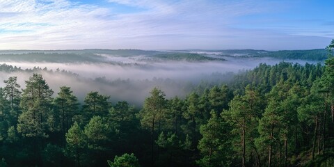 Naklejka premium The foggy forest is a beautiful and serene place. The trees are tall and green, and the mist adds a sense of mystery and calmness to the scene. The foggy atmosphere creates a peaceful