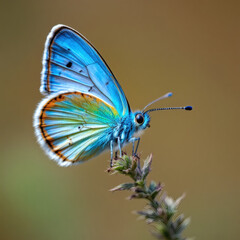 A stunning macro shot of a delicate blue butterfly resting on a lush green plant, showcasing intricate details and vibrant colors.