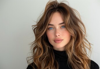 Fototapeta premium A close-up studio portrait capturing the natural beauty and happiness of a smiling teenage woman with brunette hair