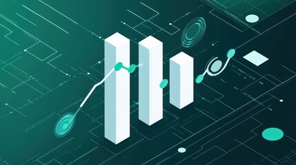 Fototapeta premium Abstract 3D bar graph showing growth trend on a futuristic circuit board background.