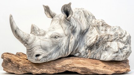 Intricate white rhino sculpture resting on driftwood, detailed carving, serene expression.
