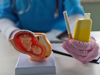 Gynecologist holds cigarette and vape with warning about dangers of smoking during pregnancy