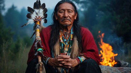 Obraz premium A wise Native American shaman with a weathered face, holding a ceremonial staff decorated with feathers and beads, sitting on a rock with a sacred fire burning nearby