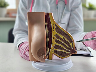 Female doctor explains disease and uses anatomical model of breast concept