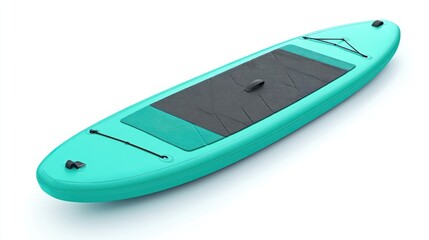 Teal inflatable stand-up paddleboard isolated on white background.