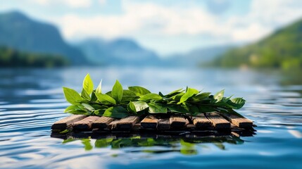 A floating raft covered with fresh greenery.