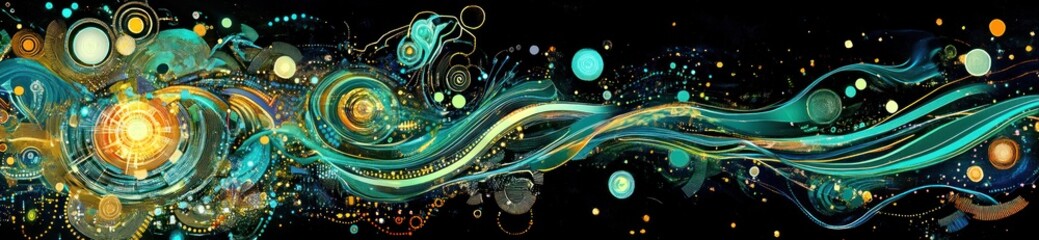 Abstract swirling cosmic art with teal, gold, and black.