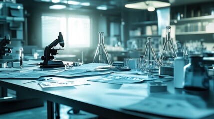 Naklejka premium Lab table with microscope, glassware, and research papers.