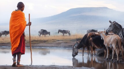 A young Maasai boy herding goats near a watering hole, wearing a bright orange shuka and carrying a wooden staff, while zebras and wildebeests graze in the distance