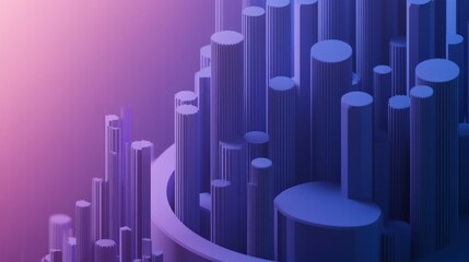 Abstract 3D rendering of purple and blue cylindrical structures, resembling a futuristic city skyline or data visualization.
