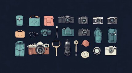 Fototapeta premium photography tools and equipment collage, monochrome color objects isolated on dark blue background. Vector illustration