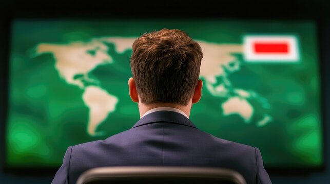 A businessman observing a world map display, focusing on global strategies and data analysis for better decision-making.