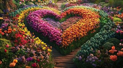 A Vibrant Garden Landscape Features a Heart-Shaped Flower Bed