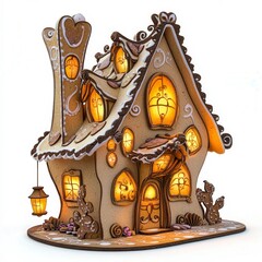 Gingerbread house with illuminated windows and whimsical design during holiday season