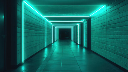 Futuristic Neon Corridor with Glowing Cyan Lights and Endless Perspective in Dark Sci-Fi Interior
