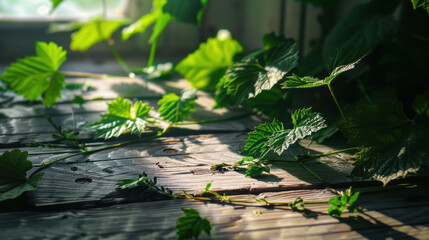 fresh green leaves on wooden background