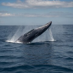 Fototapeta premium Breaching calf whale A humpback whale tail splashing in a serene blue sea. Fin of a Southern Right Whale swimming near Hermanus, Western Cape. South Africa.
