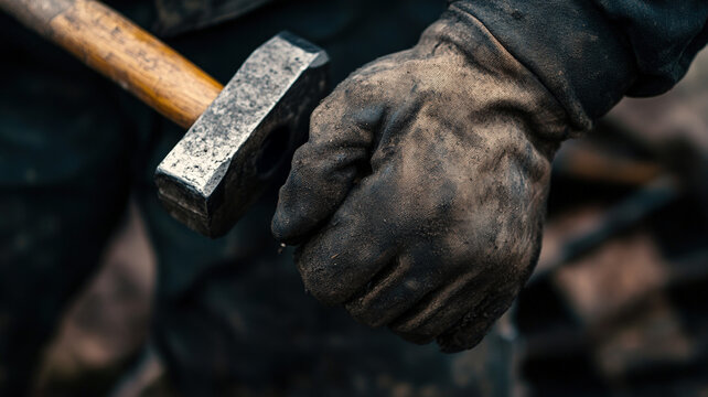 Close-up of worker's gloved hand gripping heavy sledgehammer during manual labor in industrial setting