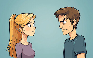 Cartoon-Style Illustration of a Man and Woman in Conflict, Facing Each Other with Angry Expressions and Crossed Arms, Relationship Disagreement Concept