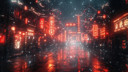 A vibrant, illuminated street scene in a snowy environment, showcasing cultural elements.