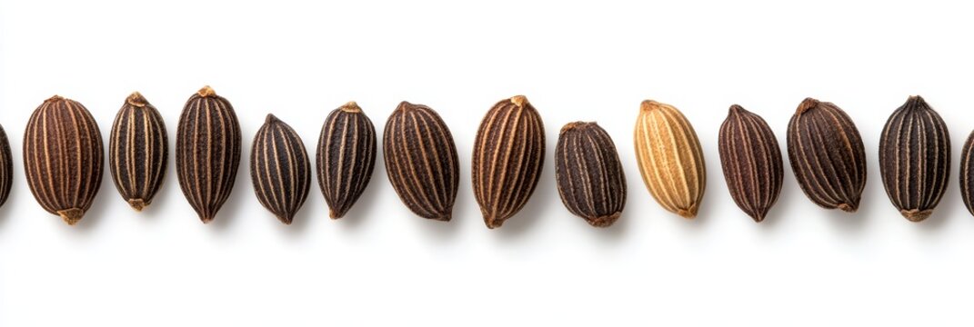 Macro cumin caraway seeds line isolated on white background - A beautiful arrangement of cumin and caraway seeds showcasing their unique shapes and colors on a clean white surface. Ideal for culinary