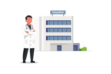 Vector illustration of a male doctor standing confidently in front of a modern hospital building. He wears a white coat with a stethoscope around his neck. The hospital has a clean, minimalist design.